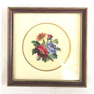 3/$100🌟 Vintage Handmade Floral Needlepoint – Wooden Frame – 8x8 | 1970s